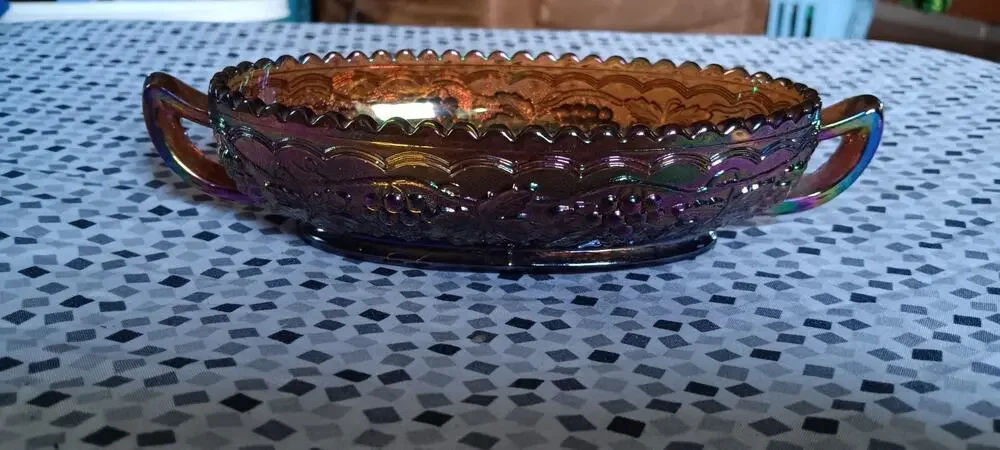 Vintage Imperial Grape Cable Carnival Glass Oval Handled Saw Tooth Rim Bowl